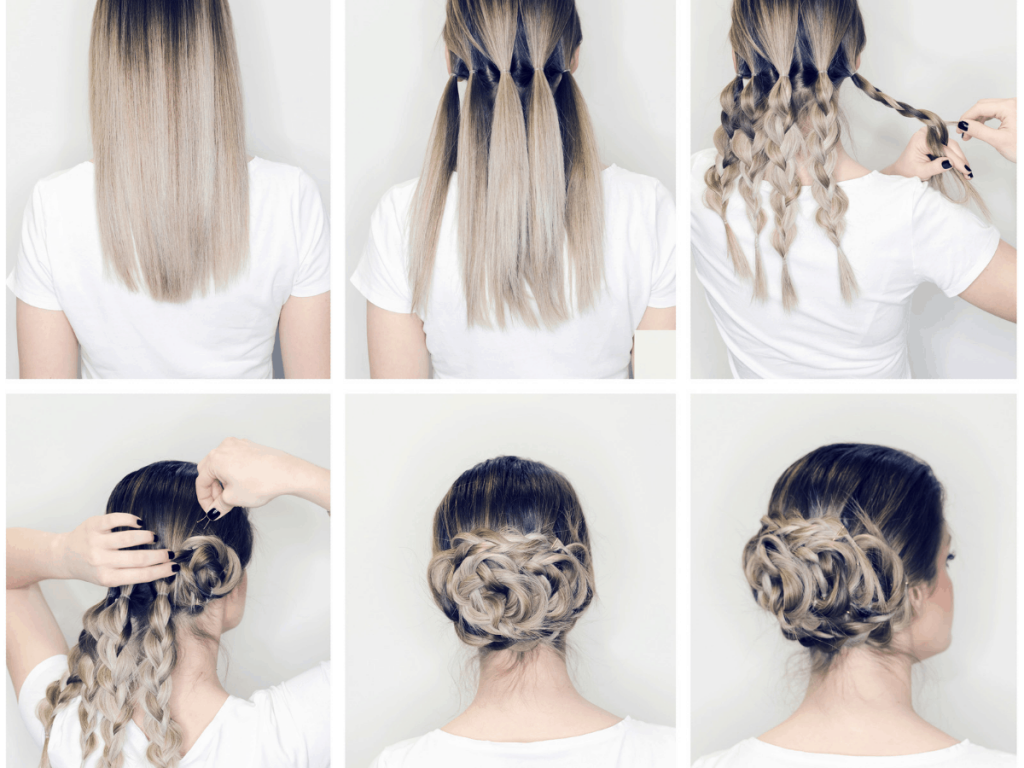 Six pictures of a woman showing the process of doing her hair in a rose bun updo.