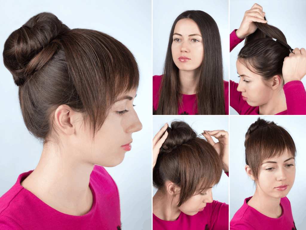 woman modeling a top bun with side bangs