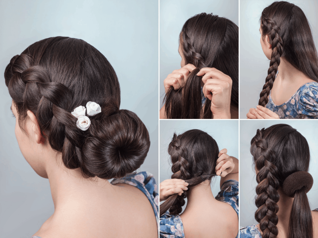 woman modeling donut bun with braids 