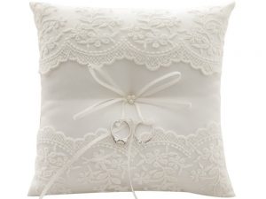 Ivory Lace Ring Bearer Pillow with two rings tied to it.