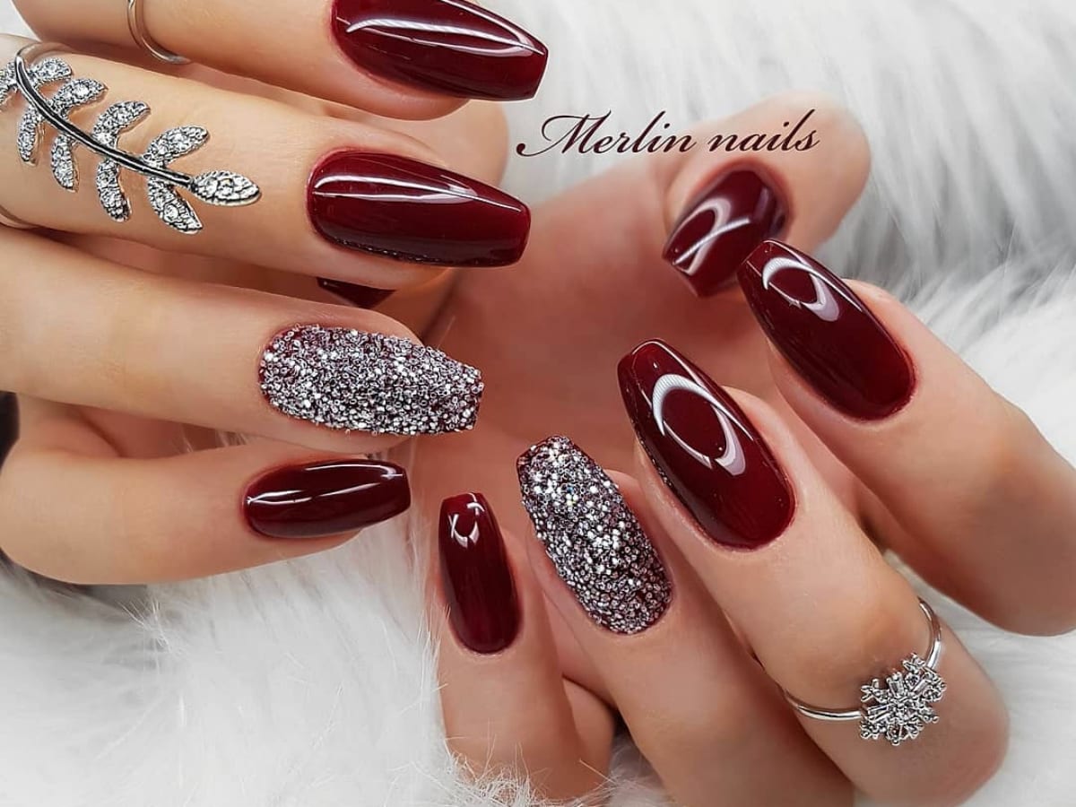 Maroon Nails With Floral Accents
