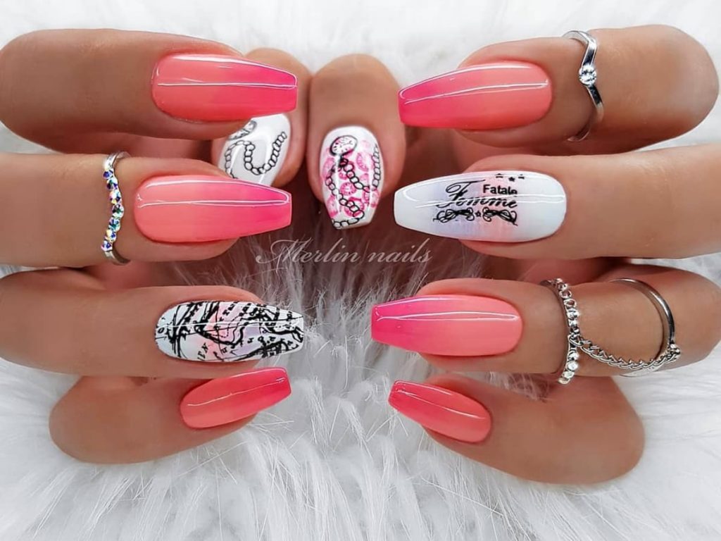 Salmon color faded to pink wedding nails paired with white accents and custom wording.