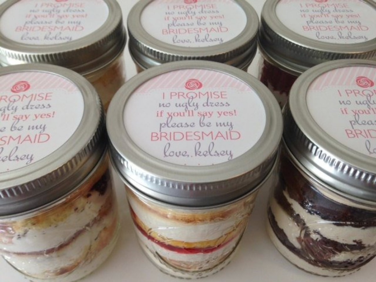 Will You Be My Bridesmaid Sweets in a mason jar with a proposal note on the top.