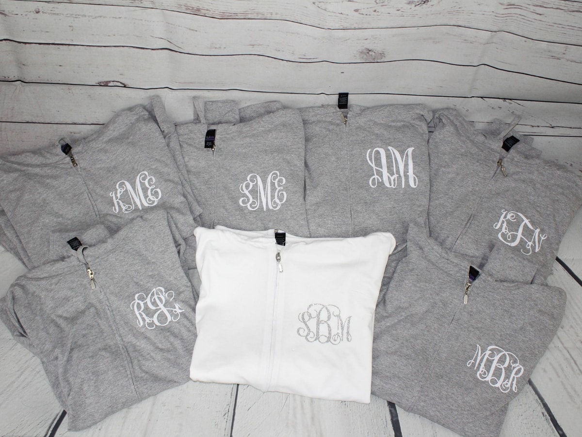 Lightweight hoodies in assorted colors with your bridesmaids initials on them.