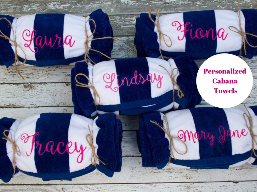 Custom white Cabana Style Beach Towels with blue strips.