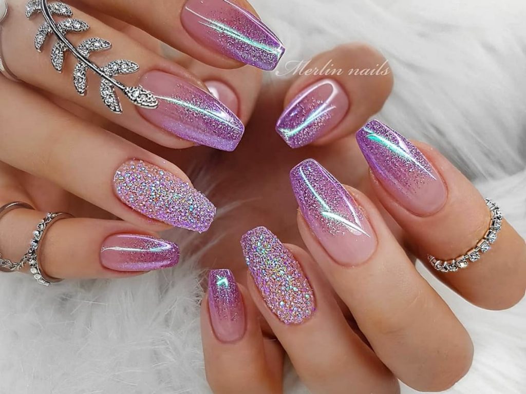 Natural to purple fade bridal nails.