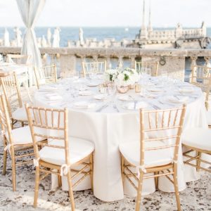 A decorated table at a waterfront michigan wedding venue.